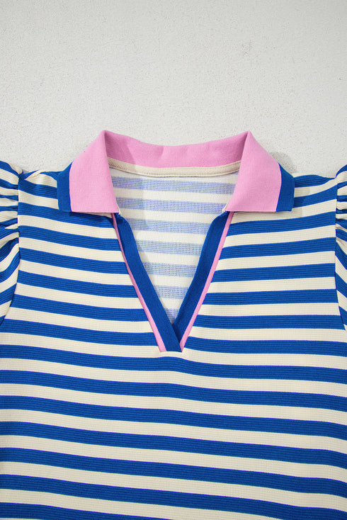 Preppy Stripe Contrast Collar Split Neck Flutter Sleeve T Shirt Dress
